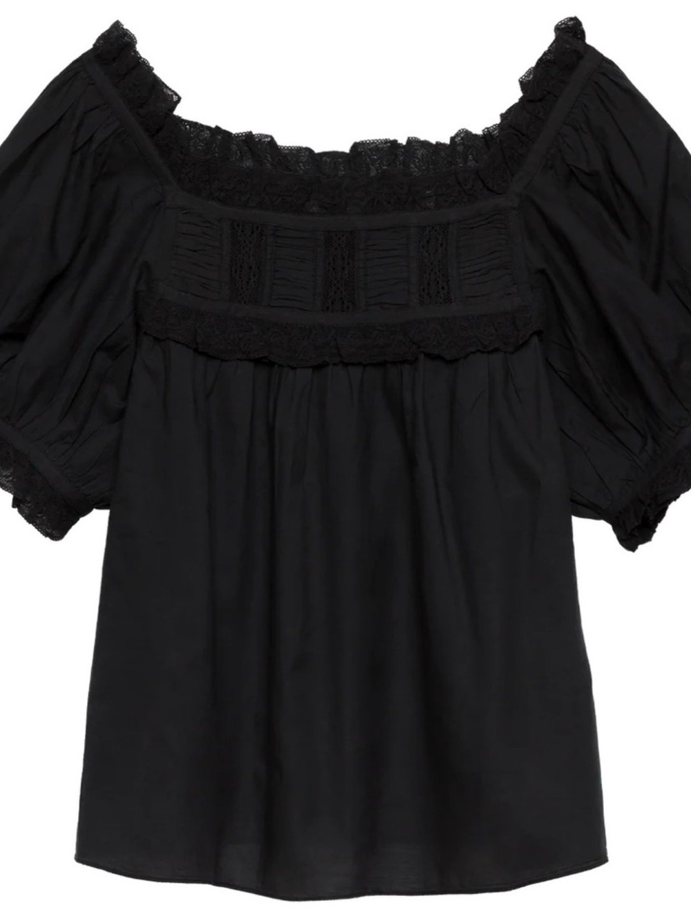 Doen Frances Black Lace-Trim Square Neck Puff Sleeve Blouse - Picture 3 of 7